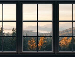 A cozy cabin with panoramic windows, overlooking a misty mountain landscape, soft sunlight filtering through the trees, tranquil and peaceful