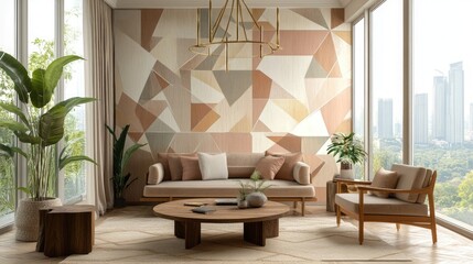 A serene living room featuring teak wood furniture