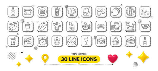 Wineglass, Supply chain and Tea bag line icons pack. 3d design elements. Food order, Dishes, Ice cream web icon. Gluten free, Pistachio nut, Beer bottle pictogram. Vector