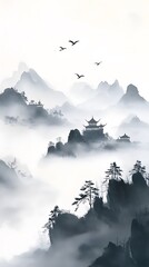 Chinese landscape painting, with mountains and water, trees on the mountain top in an ink wash style