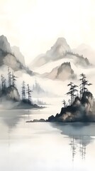 Chinese landscape painting, with mountains and water, trees on the mountain top in an ink wash style