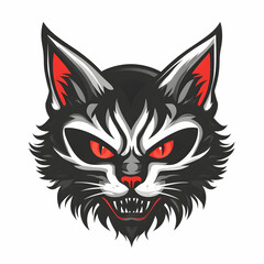 Angry Cat Face Illustration - Black and White Cartoon Design with Red Eyes. Evil cat Logo Icon.