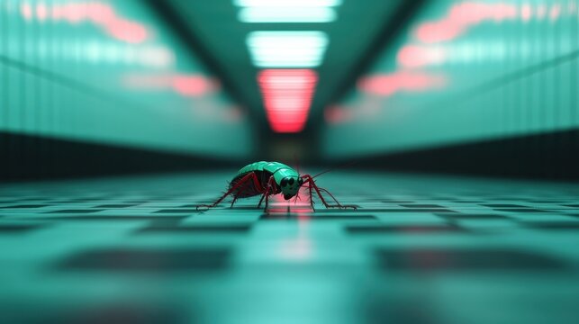 Close-up of a cockroach in a futuristic corridor with neon green and pink lights, emphasizing urban exploration and survival in a sci-fi themed environment. - Powered by Adobe