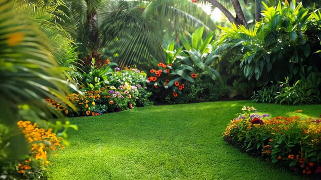 Lush greenery and colorful flowers thrive in a tropical garden on a sunny afternoon