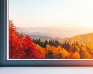 A cozy cabin nestled in an autumn forest, with panoramic windows overlooking a vibrant landscape of red and orange trees, warm and inviting