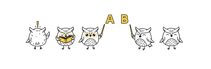 Cute owl teacher set vector  doodle illustration