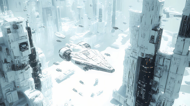 Spaceships flying city sci environment still frame titan coruscant foss skyscrapers cars white space surrounding rendition tiny ships docking black monolithic. Starship Dock. Illustration