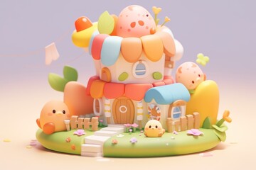 Fototapeta premium A Colorful Playful 3D Render of a Birdhouse and Birds