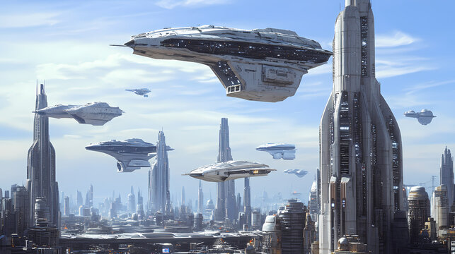 Spaceships flying city sci environment still frame titan coruscant foss skyscrapers cars white space surrounding rendition tiny ships docking black monolithic. Starship Dock. Illustration