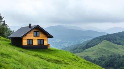 Fototapeta premium A modern cabin built into the side of a mountain, with panoramic windows offering a view of lush green valleys and rolling hills below