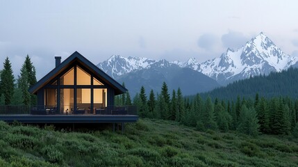 A rustic mountain cabin with a wraparound deck, offering panoramic views of the surrounding forest and distant snow-capped peaks, serene and cozy