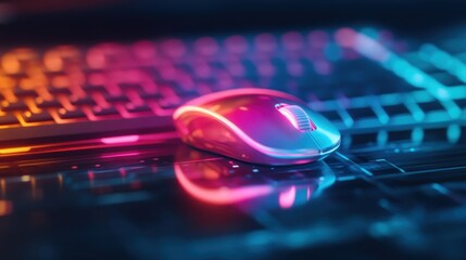 A dynamic gaming mouse showcases a colorful neon glow on a digital keyboard, highlighting modern technology's beauty and enhancing the digital experience.