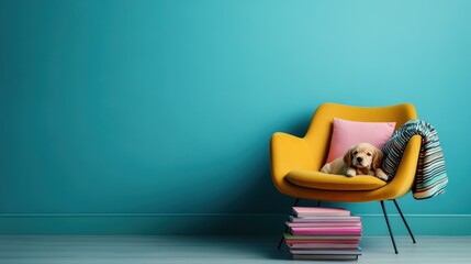 A cute puppy sitting comfortably on a stylish yellow chair, surrounded by books in a cozy room setting with a bright teal background.