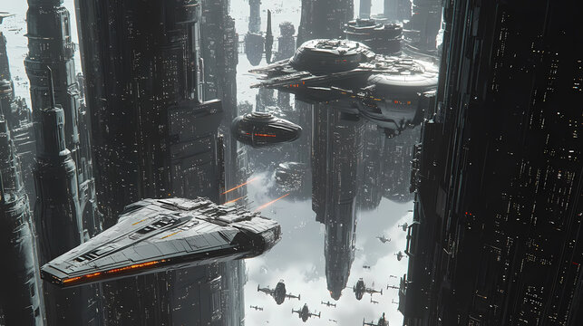 Spaceships flying city sci environment still frame titan coruscant foss skyscrapers cars white space surrounding rendition tiny ships docking black monolithic. Starship Dock. Illustration