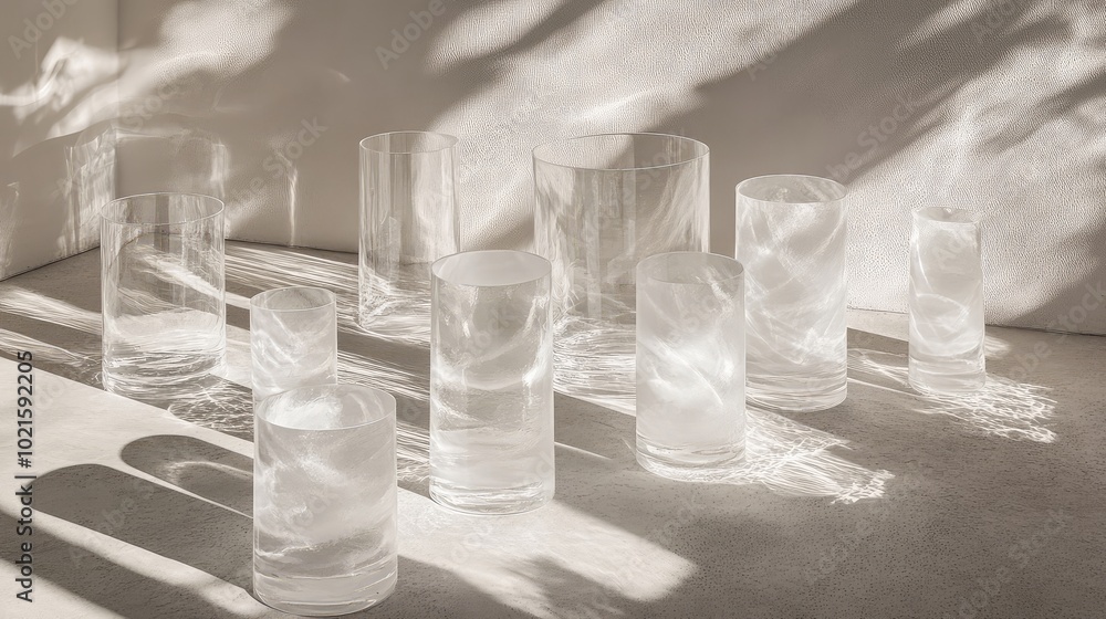 Poster an arrangement of clear glass objects casting layered shadows onto a textured background, creating a