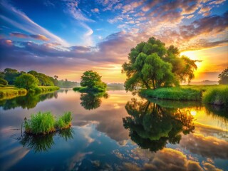 Tranquil Landscape at Sunrise with Soft Hues Reflecting on Calm Water and Lush Greenery Surrounding