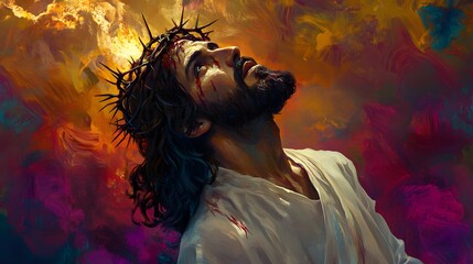 Fototapeta premium Jesus with a crown of thorns, looking up to heaven, wearing a white robe, with brown hair and a beard