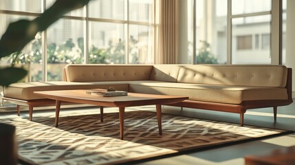 Fototapeta premium A sleek mid-century living room with a walnut coffee table