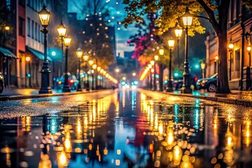 Naklejka premium Tranquil Night Rainfall on City Streets with Reflective Puddles and Soft Illuminated Lights