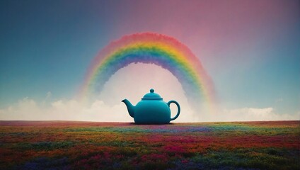 The world where abstract architecture and nature concepts becomes reality and comes to life in a most unexpected ways. Surreal giant teapot in a meadow with rainbow.