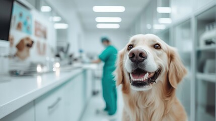 A cheerful golden retriever poses in a veterinarian's office with sleek, modern decor and a blurred veterinarian in the background, evoking trust and care in animal health.