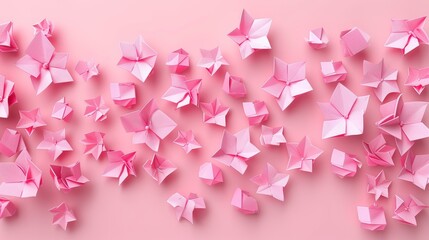 Pink origami flowers on a pink background