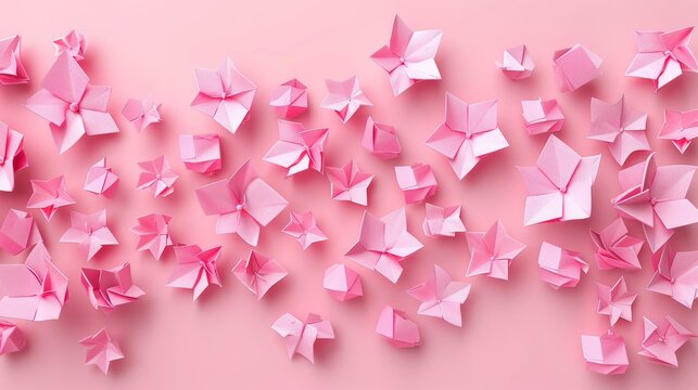 Pink origami flowers on a pink background