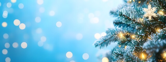 A Christmas tree adorned with garland and snowflakes against a blue background, with glowing lights and a bokeh effect