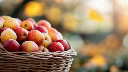 A wicker basket overflowing with ripe red and yellow fruits, captured in a warm, sunlit outdoor setting, emphasizing the freshness and vibrant colors of the harvest.