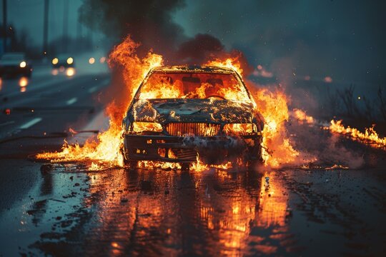 Car on fire at night with flames and smoke