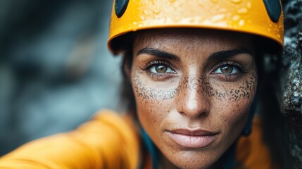 A climber with determined eyes defies challenges with wet gear and facial tattoos. Confidence and...