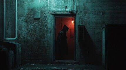 Hooded figure slipping out of a side door in an apartment building, illuminated by a single flickering lightbulb.