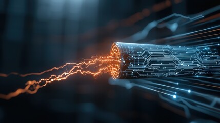 A glowing digital lightning bolt connects devices, symbolizing the speed and connectivity of 5G technology