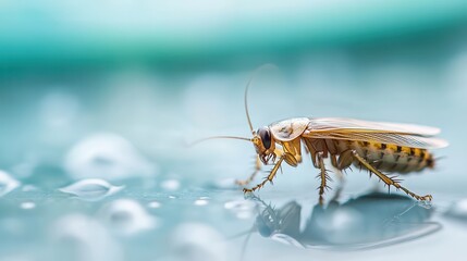 A cockroach walking across a reflective surface scattered with droplets, capturing movement and textures under soft lighting, emphasizing elegance and persistence.
