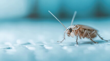 A close-up image of a cockroach standing alertly on an abstract textured blue surface, highlighting its antennae and legs against a smooth blurred background.