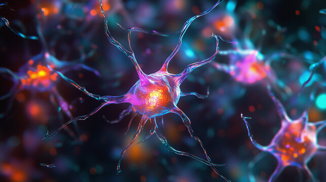 A close-up of colorful neurons, each glowing with vibrant colors and intricate patterns, representing the complex structure within brain cells. The background is dark to highlight