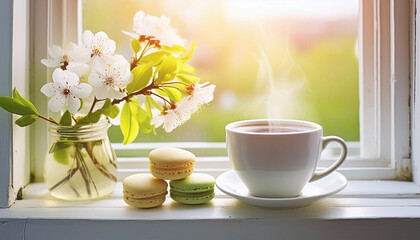 Morning Serenity A serene morning scene with coffee and macarons by a sunny window. Generative AI.