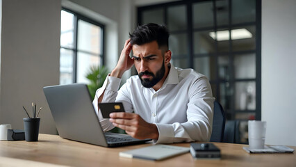 Fototapeta premium Frustrated Young Man at Desk with Laptop and Credit Card