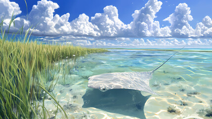 Stingray gliding gracefully through the crystal-clear waters of mooreas enchanting lagoon. Crystal-Clear Lagoon. Illustration