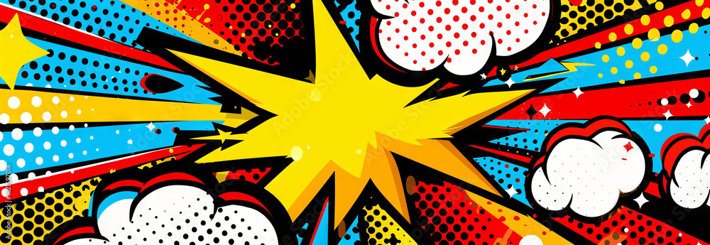 Poster vibrant pop art style abstract background with bright yellow starburst and bold multicolor patterns.