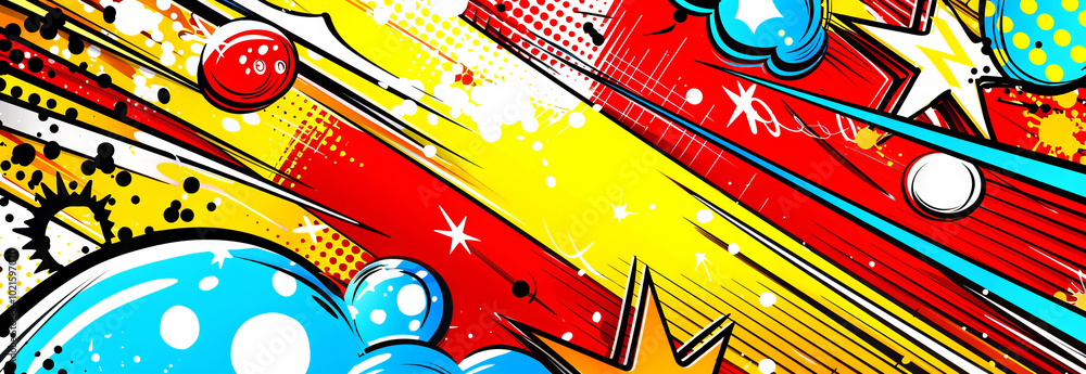 Poster abstract pop art style background with vibrant colors and bold patterns featuring stars and dynamic 