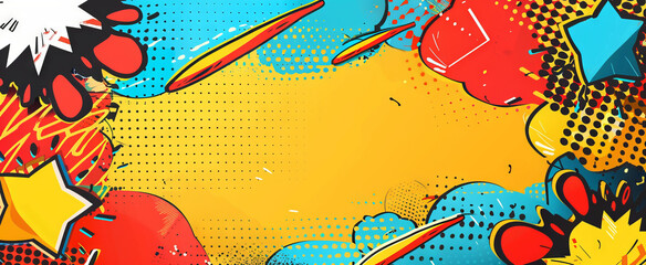 Colorful pop art style banner with bold red, yellow, blue colors and comic elements. Concept of vibrant design, artistic expression, youthful creativity. Background. Copy space