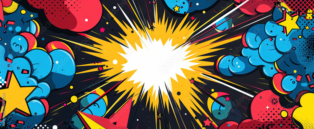 Poster dynamic pop art style banner with bold colors exploding from the center. concept of creativity, art,