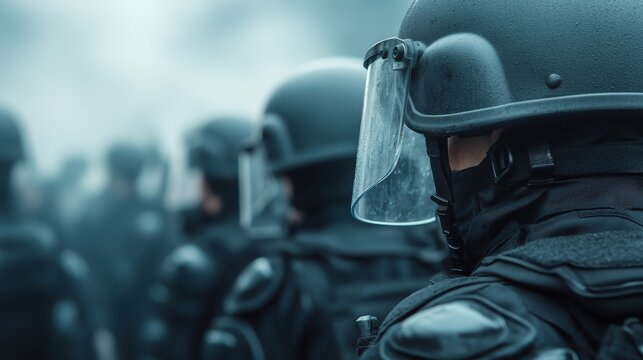 A side view of a tactical team wearing helmets and masks, moving in formation, underlining unity, strategy, and adaptability in a controlled environment.