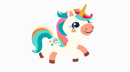 Naklejka premium Colorful Cartoon Unicorn with Rainbow Horn and Butterfly Decorations. Concept of Fantasy, Magic, Children's Imagination, Dreamlike Creatures. Digital illustration