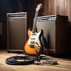 Electric guitar leaning in a rockband setting. Classic amplifier in the background.