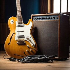 guitar leaning against a classic amplifier, cables coiled neatly, on a wooden stage floor.