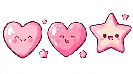 Set of cute pink cartoon heart and star characters, clip art for Valentine's Day on a white background. Vector illustration style, flat design, simple shapes, simple lines, no shad