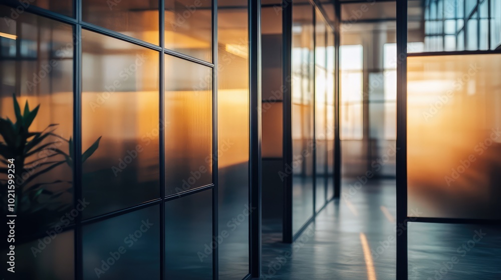 Poster a close-up of glass partitions in a minimalist office space, casting reflections and shadows from th