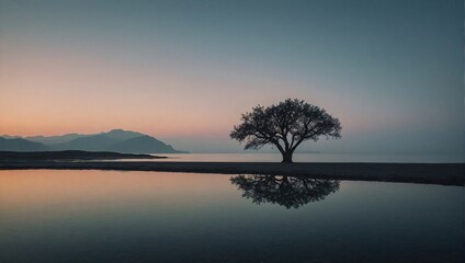 Lonely tree in a middle of nowhere. Abstract surreal landscape concept. Nature and introspection idea. Copy space.